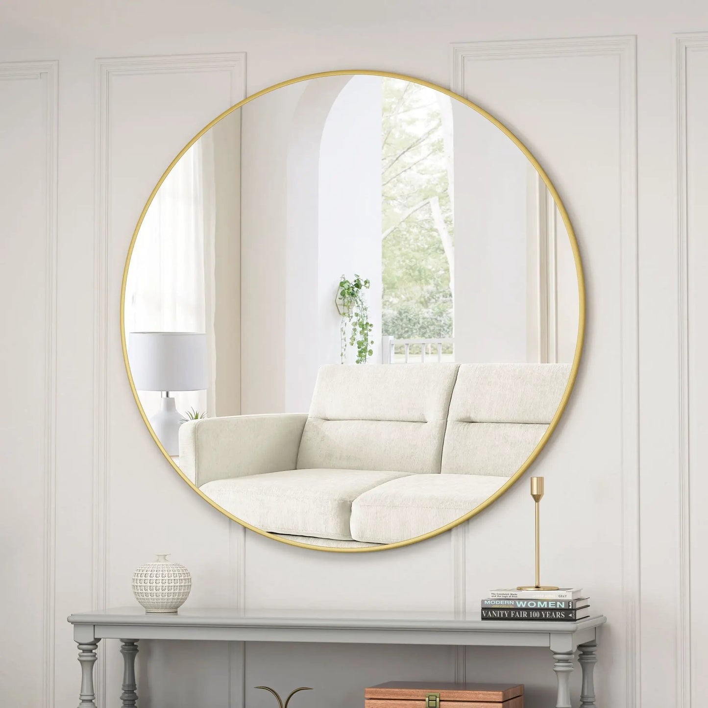 Round wall mirror with gold metal frame, vanity-style decor for bathroom and living room on Tampa Home & Garden Store