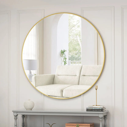 Round wall mirror with gold metal frame, vanity-style decor for bathroom and living room on Tampa Home & Garden Store