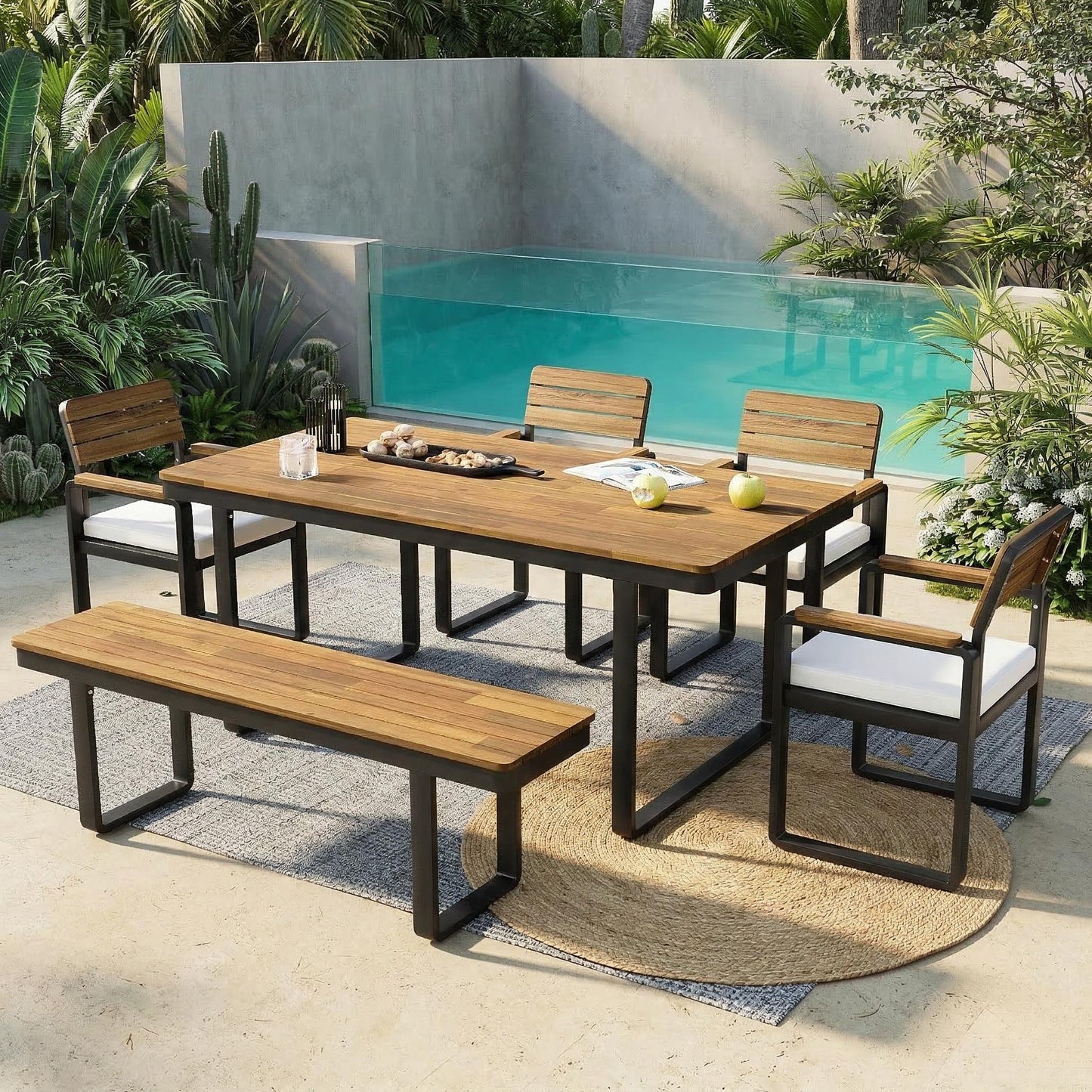 Acacia Wood Outdoor Dining Set and Bench Frame