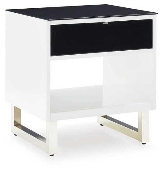 Gardoni Rectangular End Table white with black top and drawer front, metal base on Tampa Home & Garden Store