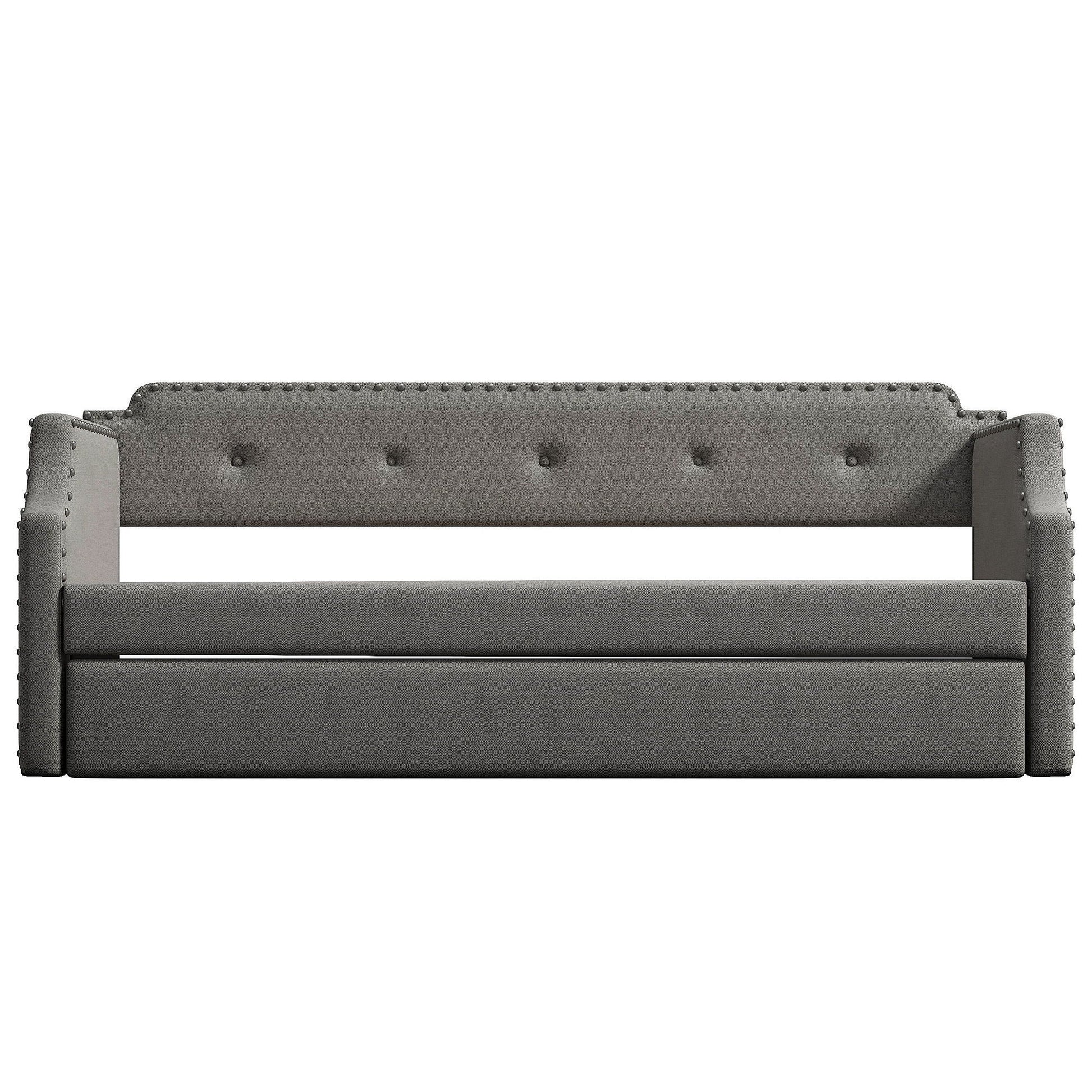 Upholstered daybed with trundle in gray fabric, nailhead trim, HouseOfZazla on Tampa Home & Garden Store