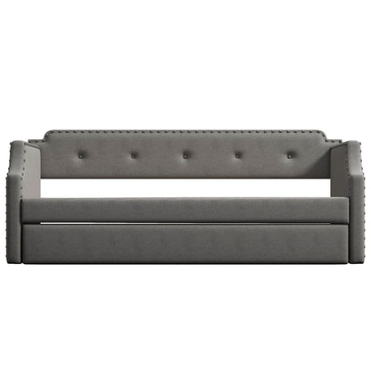 Upholstered daybed with trundle in gray fabric, nailhead trim, HouseOfZazla on Tampa Home & Garden Store