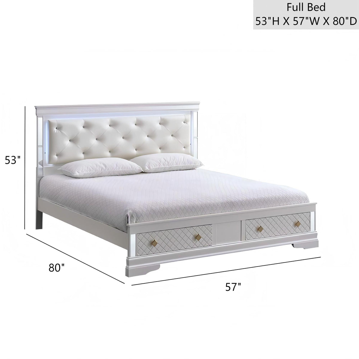 Verona bed with LED lighting, white tufted headboard and 2 drawers, full size by HouseOfZazla on Tampa Home & Garden Store