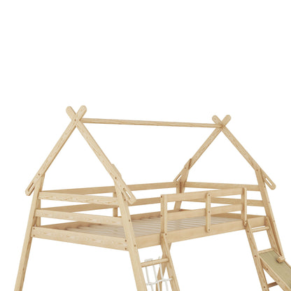 Twin over Queen bunk bed in natural pine with climbing nets and ramp by HouseOfZazla on Tampa Home & Garden Store