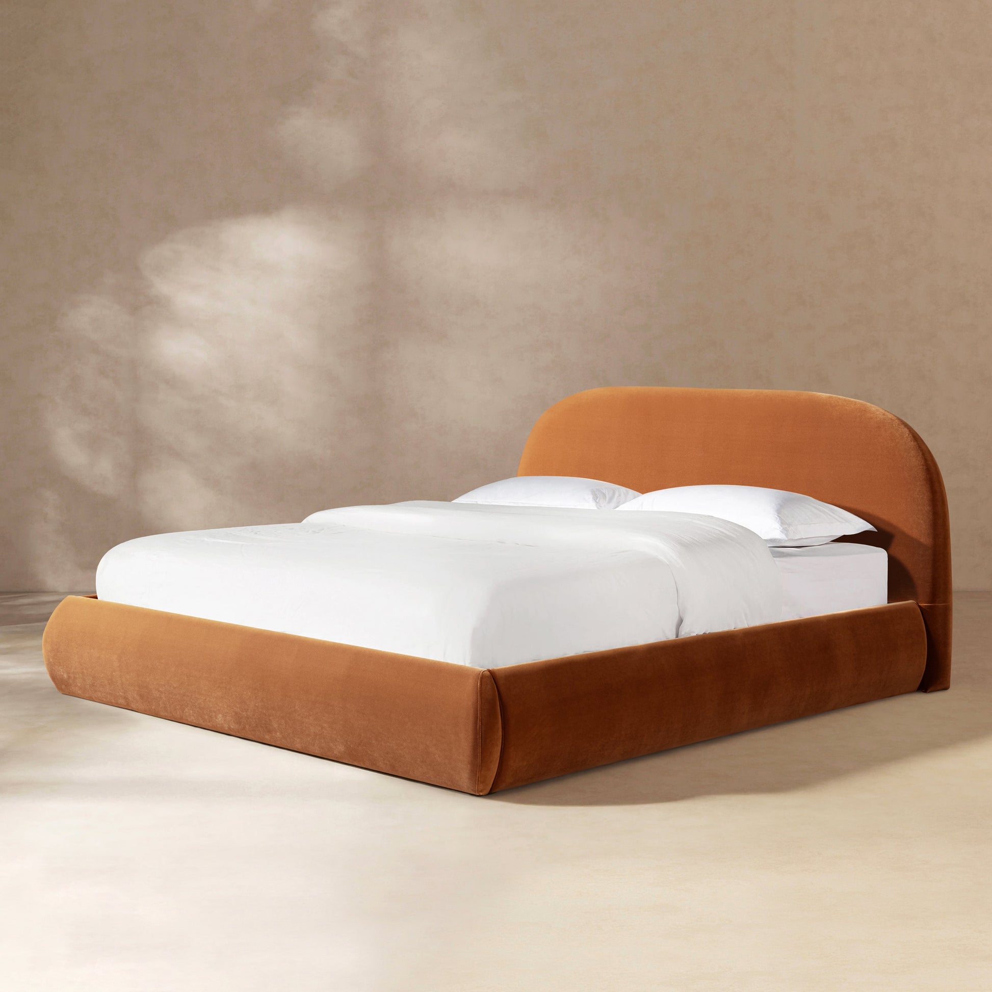 Archie Puffy Grounded Upholstered Platform Bed, King in burnt orange velvet by HouseOfZazla on Tampa Home & Garden Store
