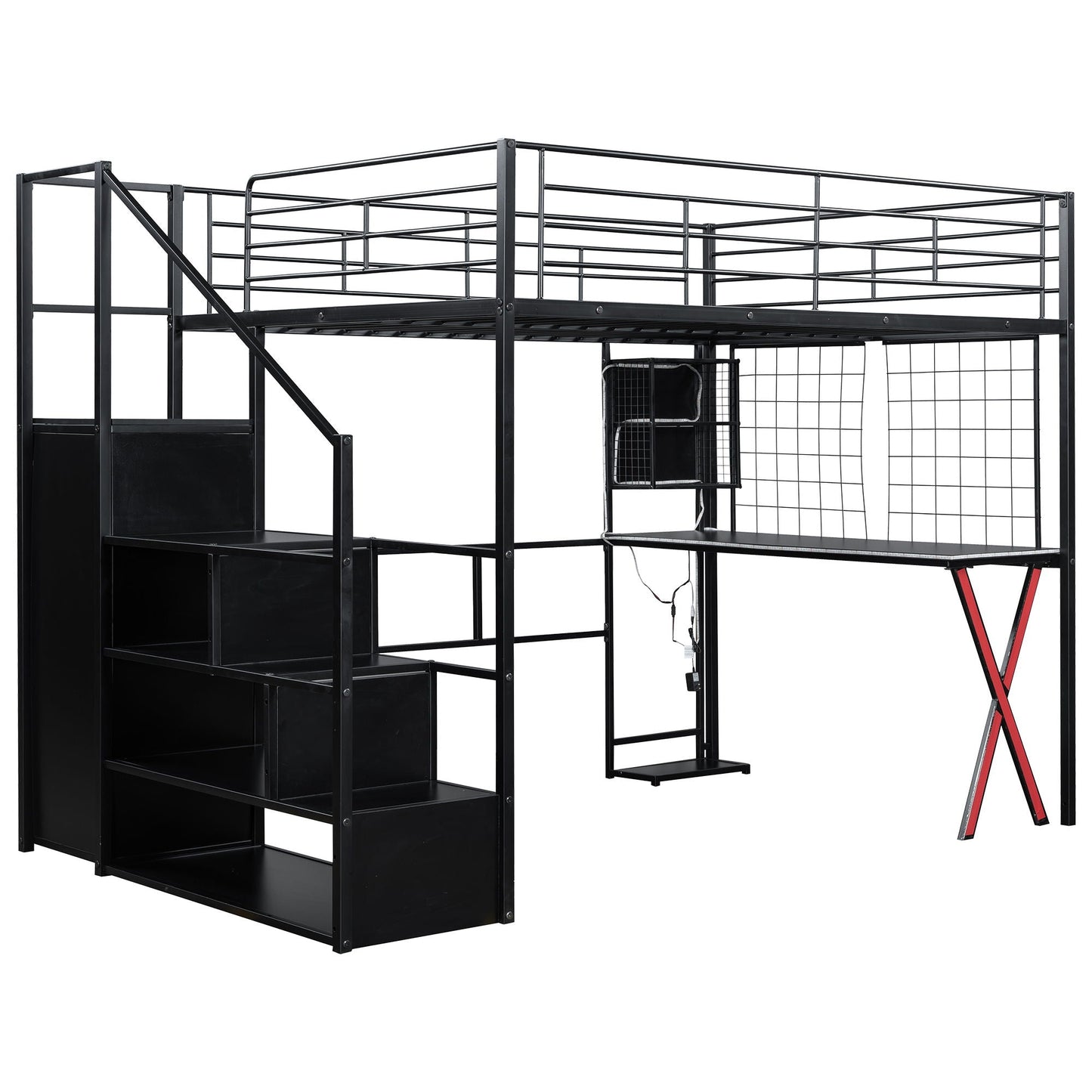 Loft bed with built-in work station, wardrobe and storage stairs in black metal on Tampa Home & Garden Store