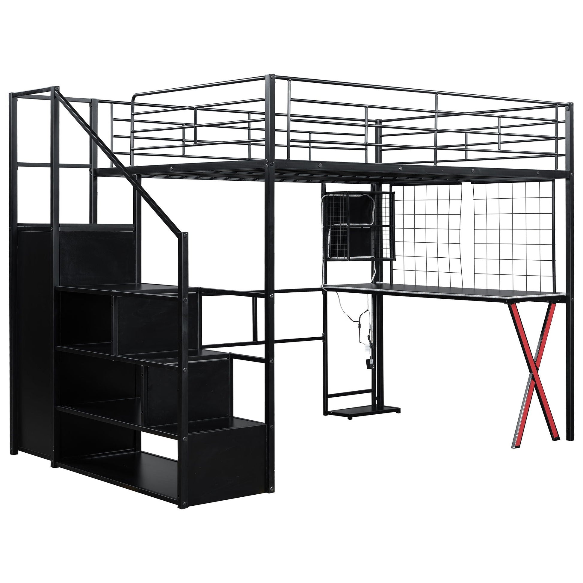 Loft bed with built-in work station, wardrobe and storage stairs in black metal on Tampa Home & Garden Store