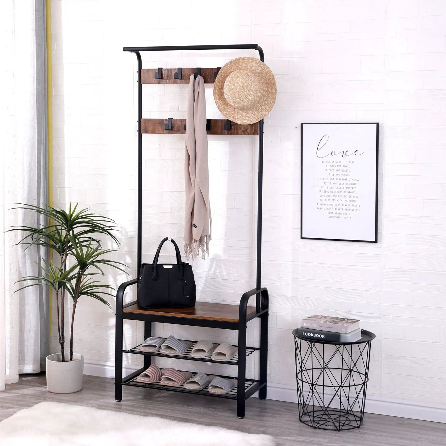 Hall Tree With Shoe Bench and 9 Removable Hooks