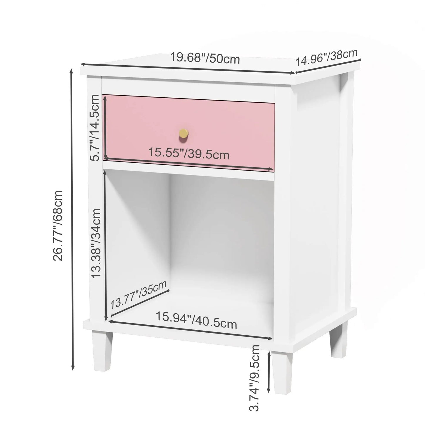 Nightstand with 1 Drawer 1 Shelf white frame pink front gold knob on Tampa Home & Garden Store