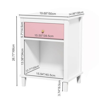 Nightstand with 1 Drawer 1 Shelf white frame pink front gold knob on Tampa Home & Garden Store