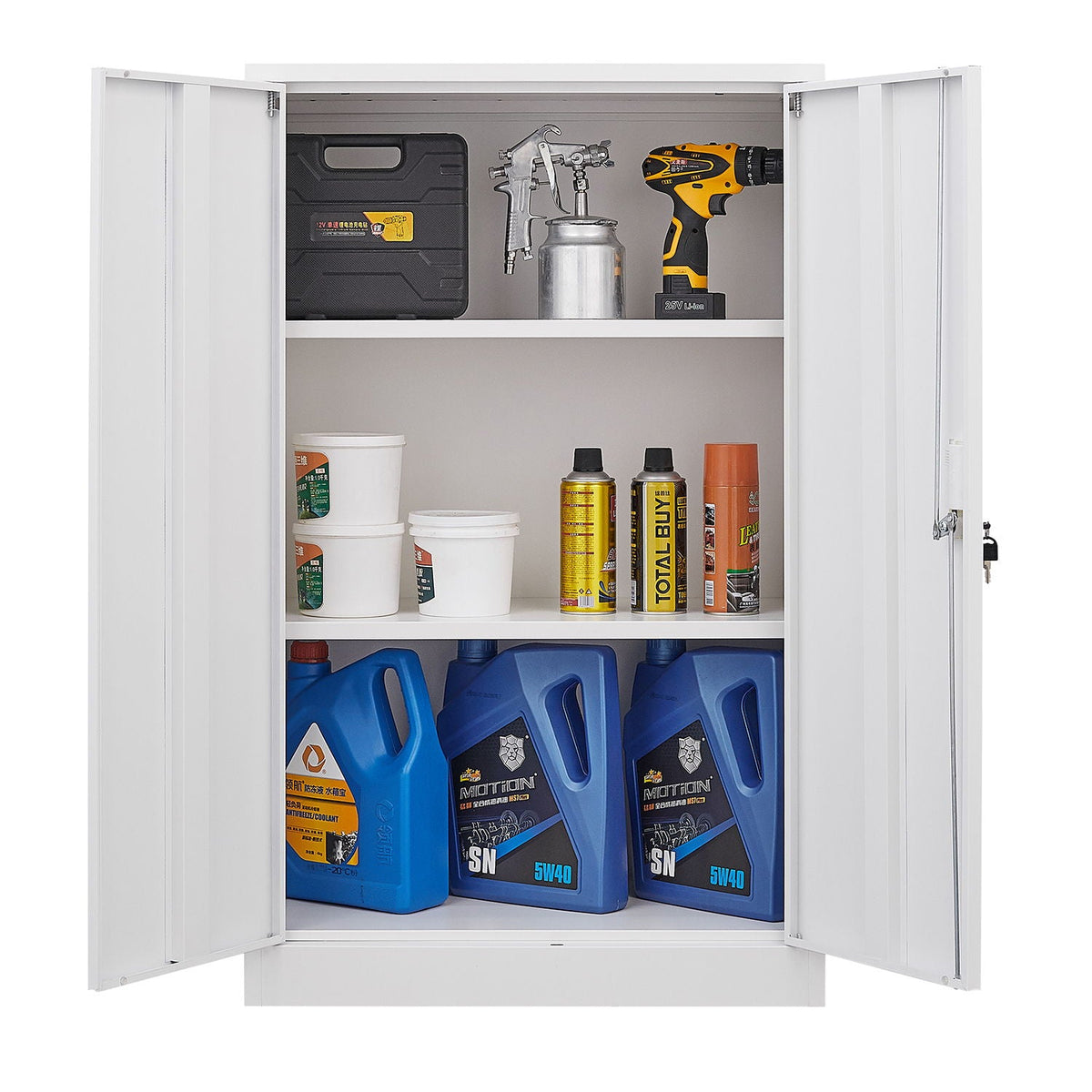 Metal filing cabinet with locking doors; white steel, adjustable shelves, toolbox and spray gun on Tampa Home & Garden Store