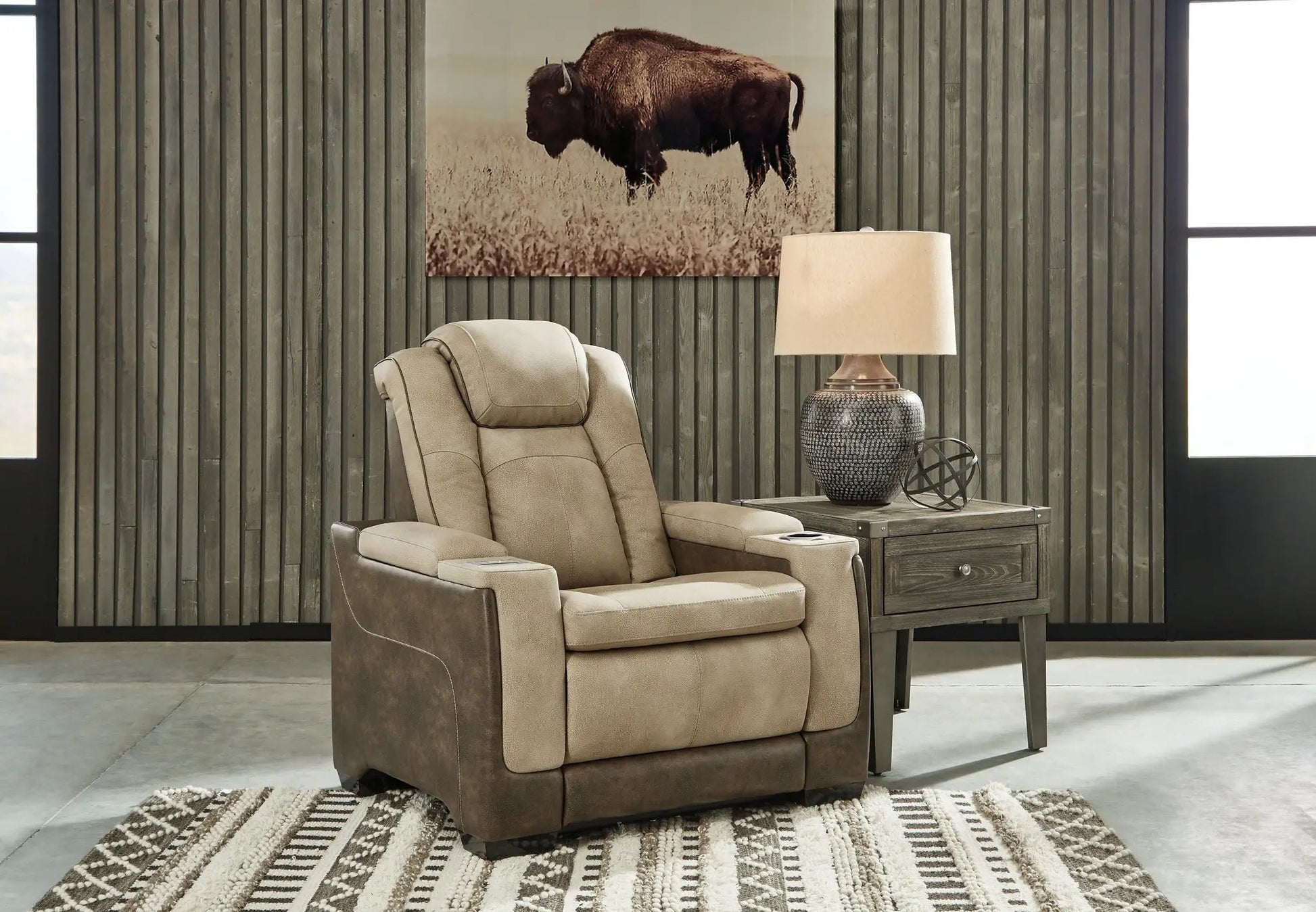 Next-Gen Durapella power recliner with adjustable headrest in beige upholstery on Tampa Home & Garden Store