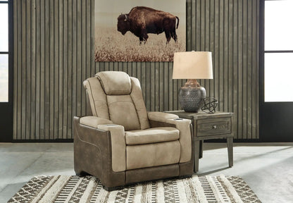 Next-Gen Durapella power recliner with adjustable headrest in beige upholstery on Tampa Home & Garden Store