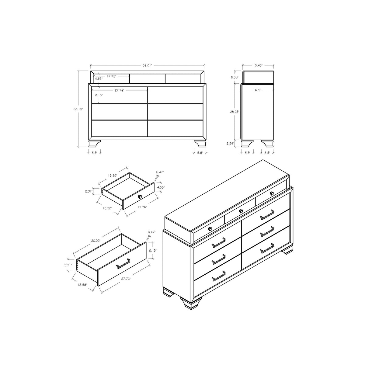 Civic solid wood dresser with large storage, blueprint front and side views, HouseOfZazla on Tampa Home & Garden Store