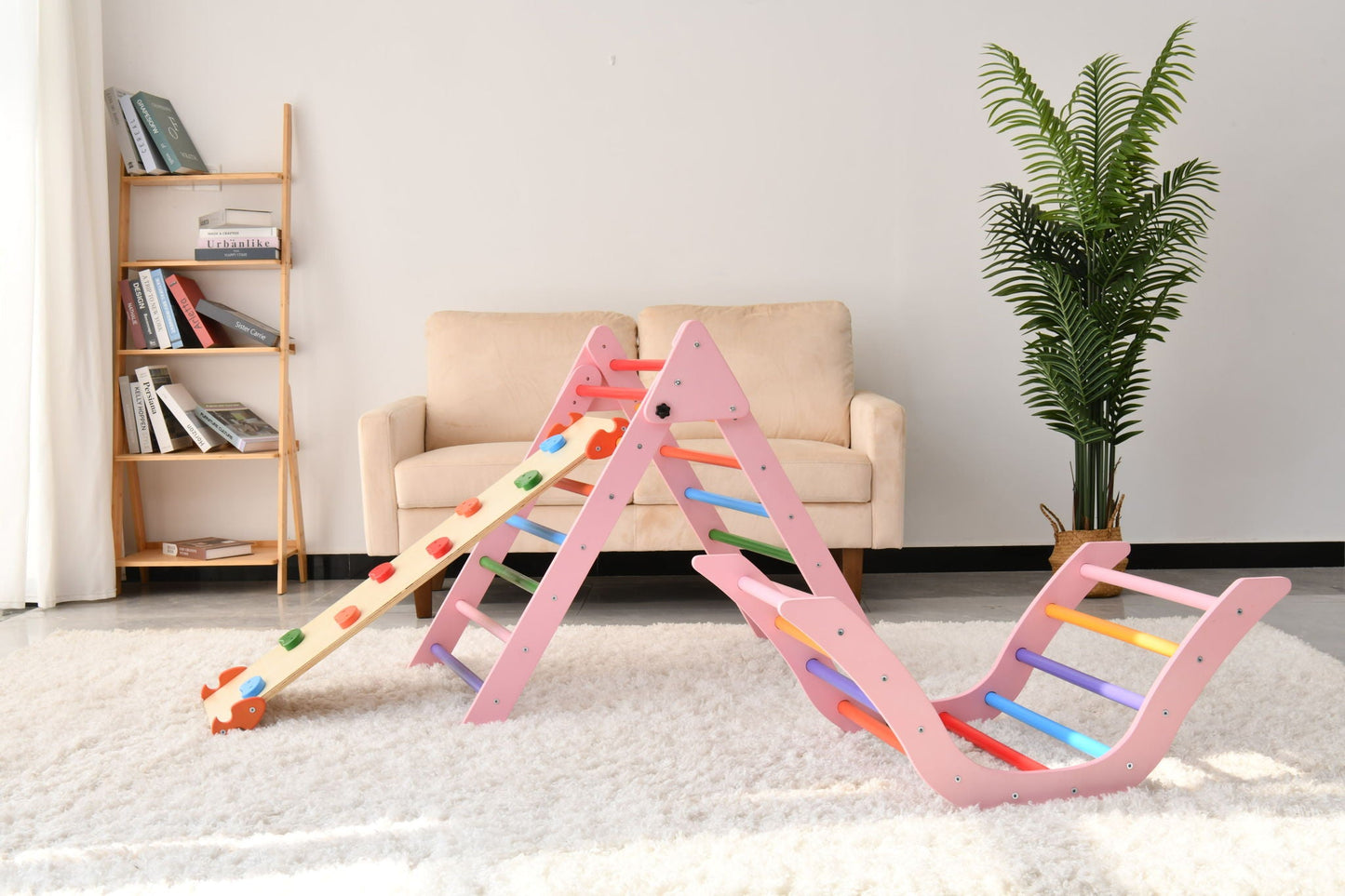 Gardenia Pikler Triangle Set pink wooden climbing toy Montessori toddler 2-piece HouseOfZazla on Tampa Home & Garden Store