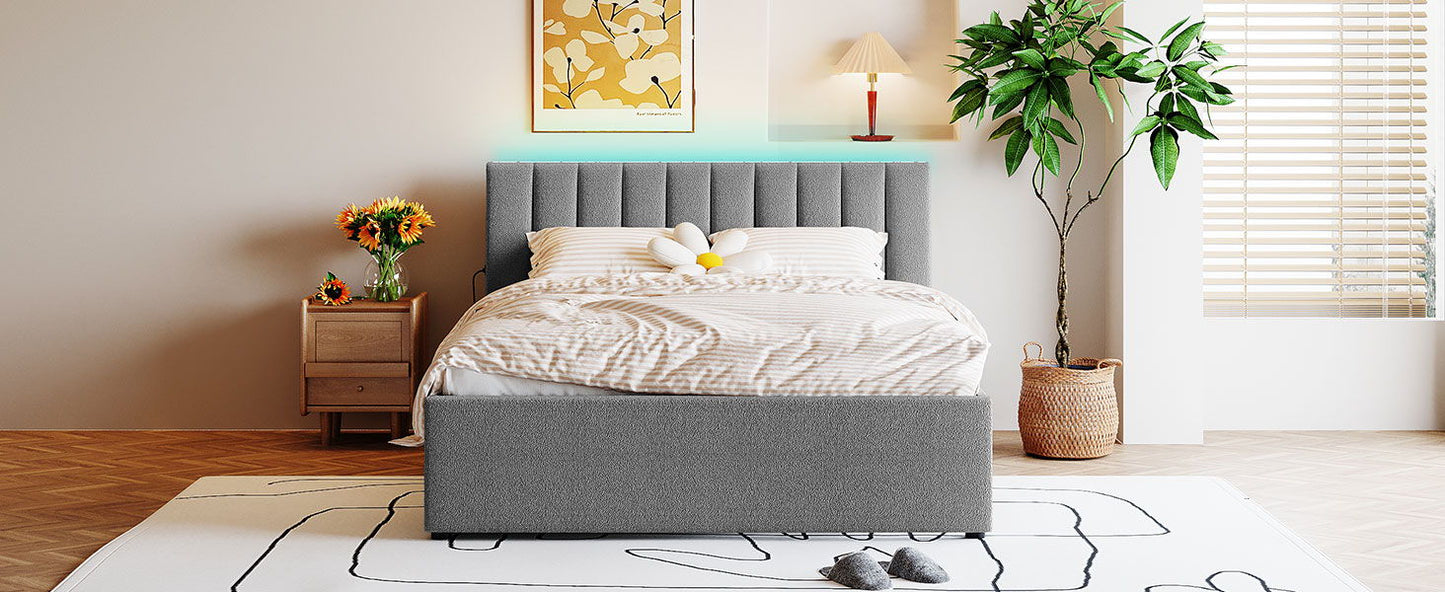 Upholstered platform bed with trundle in grey fabric by HouseOfZazla with tufted headboard on Tampa Home & Garden Store