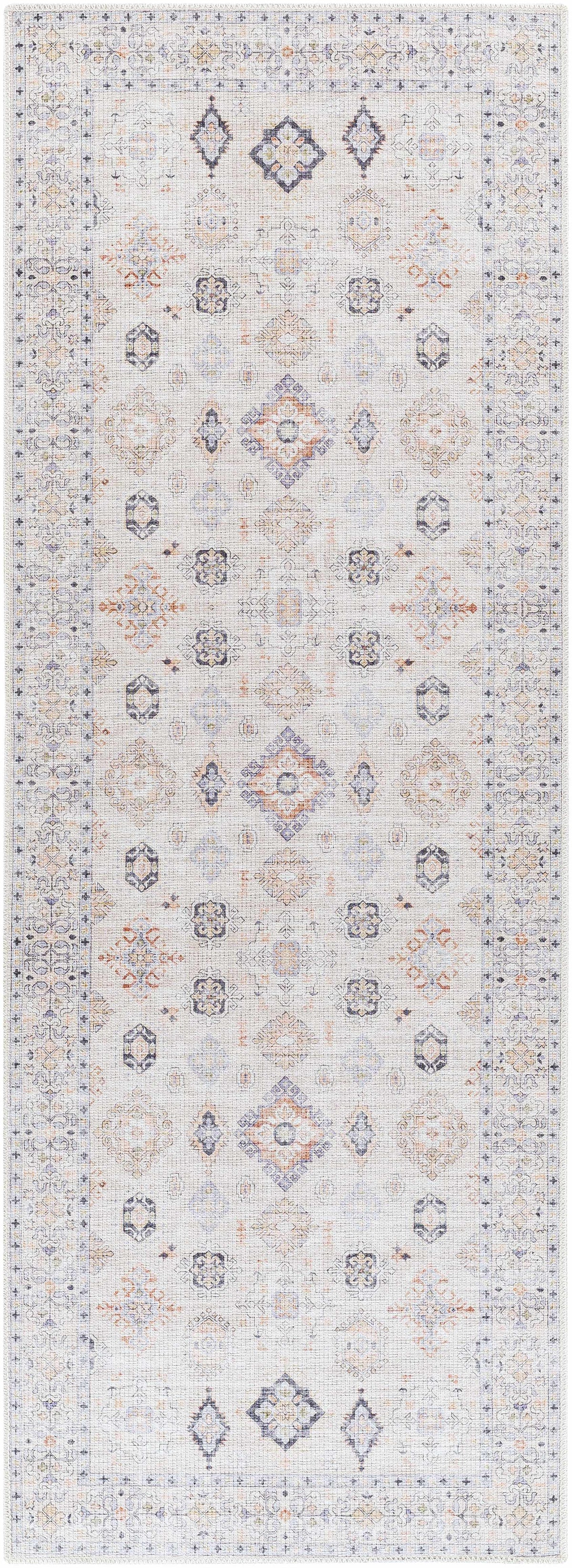 Beige Beckett Washable Rug by Boutique Rugs with pale blue and orange medallion border on Tampa Home & Garden Store