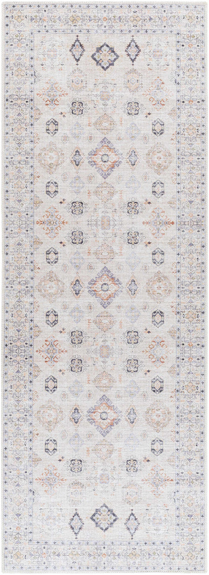 Beige Beckett Washable Rug by Boutique Rugs with pale blue and orange medallion border on Tampa Home & Garden Store