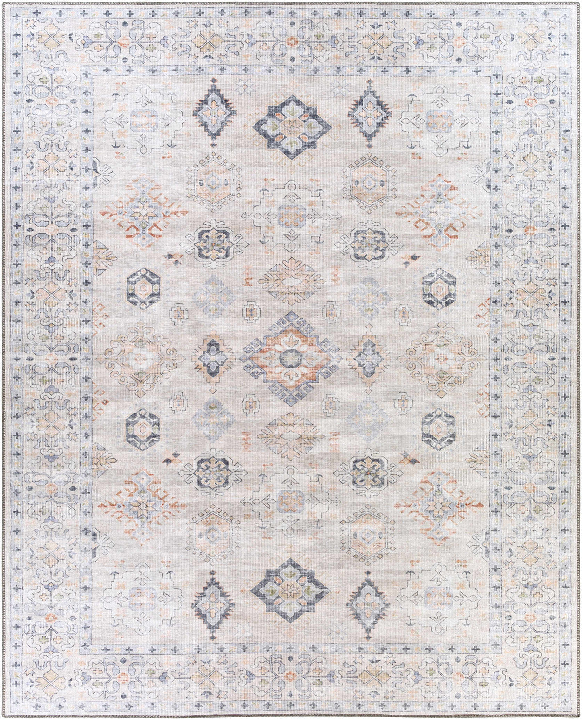 Beige Beckett Washable Rug by Boutique Rugs with blue gray medallions and bordered design on Tampa Home & Garden Store