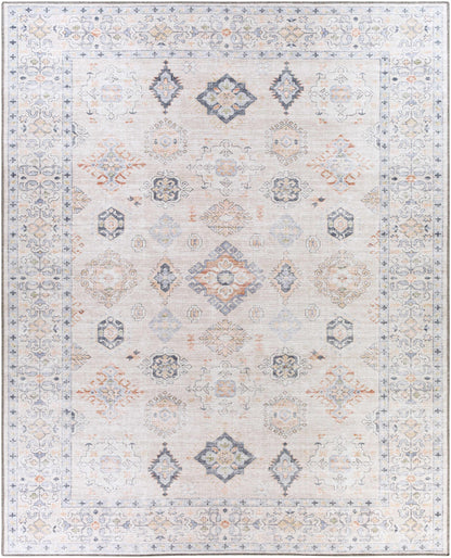 Beige Beckett Washable Rug by Boutique Rugs with blue gray medallions and bordered design on Tampa Home & Garden Store
