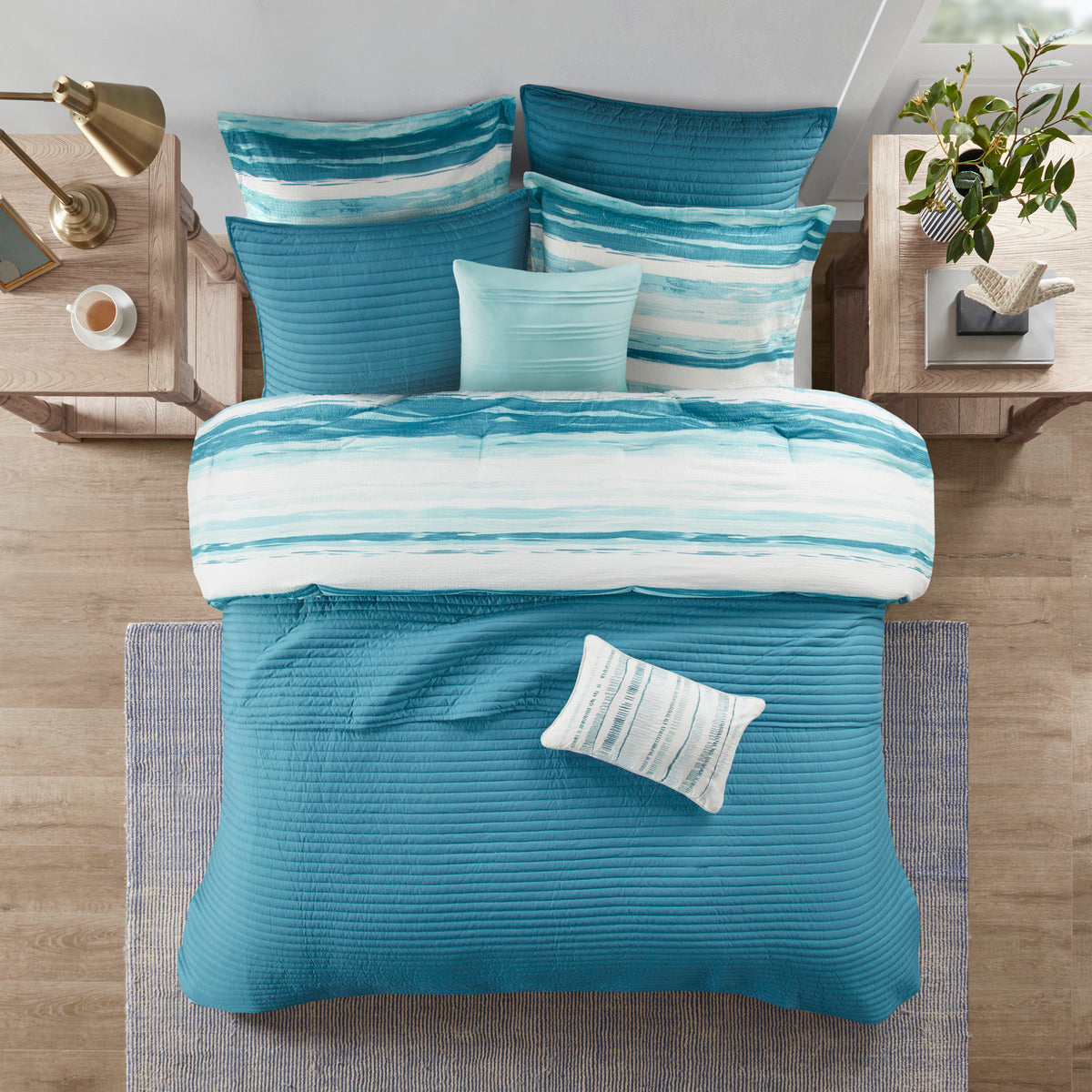 8 Piece Aqua Seersucker Comforter and Quilt Set