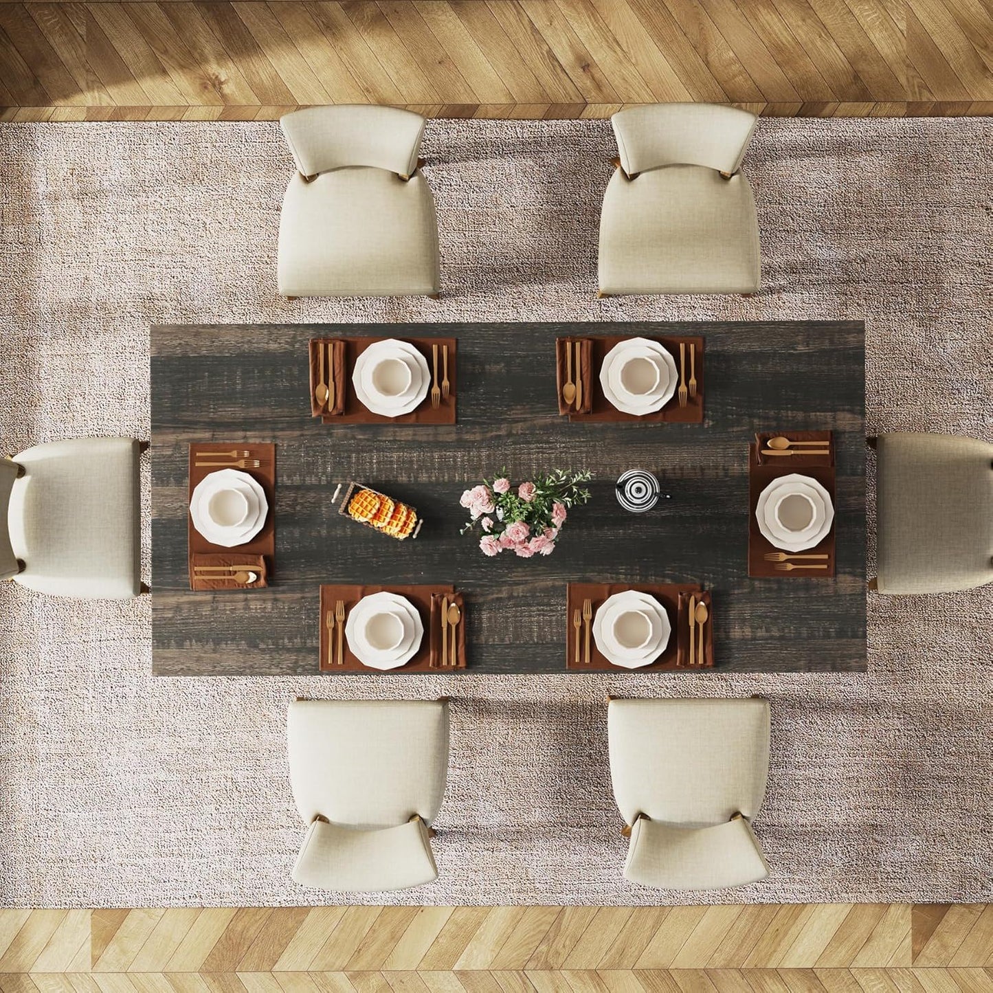Dining Table For 4-6 People dark wood thick top with beige chairs and dinnerware by HouseOfZazla on Tampa Home & Garden Store