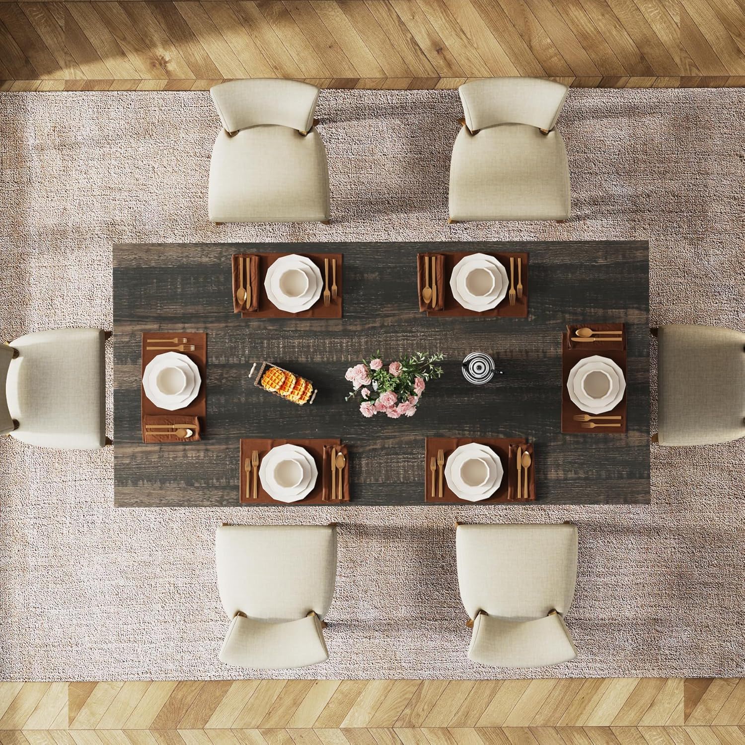 Dining Table For 4-6 People dark wood thick top with beige chairs and dinnerware by HouseOfZazla on Tampa Home & Garden Store