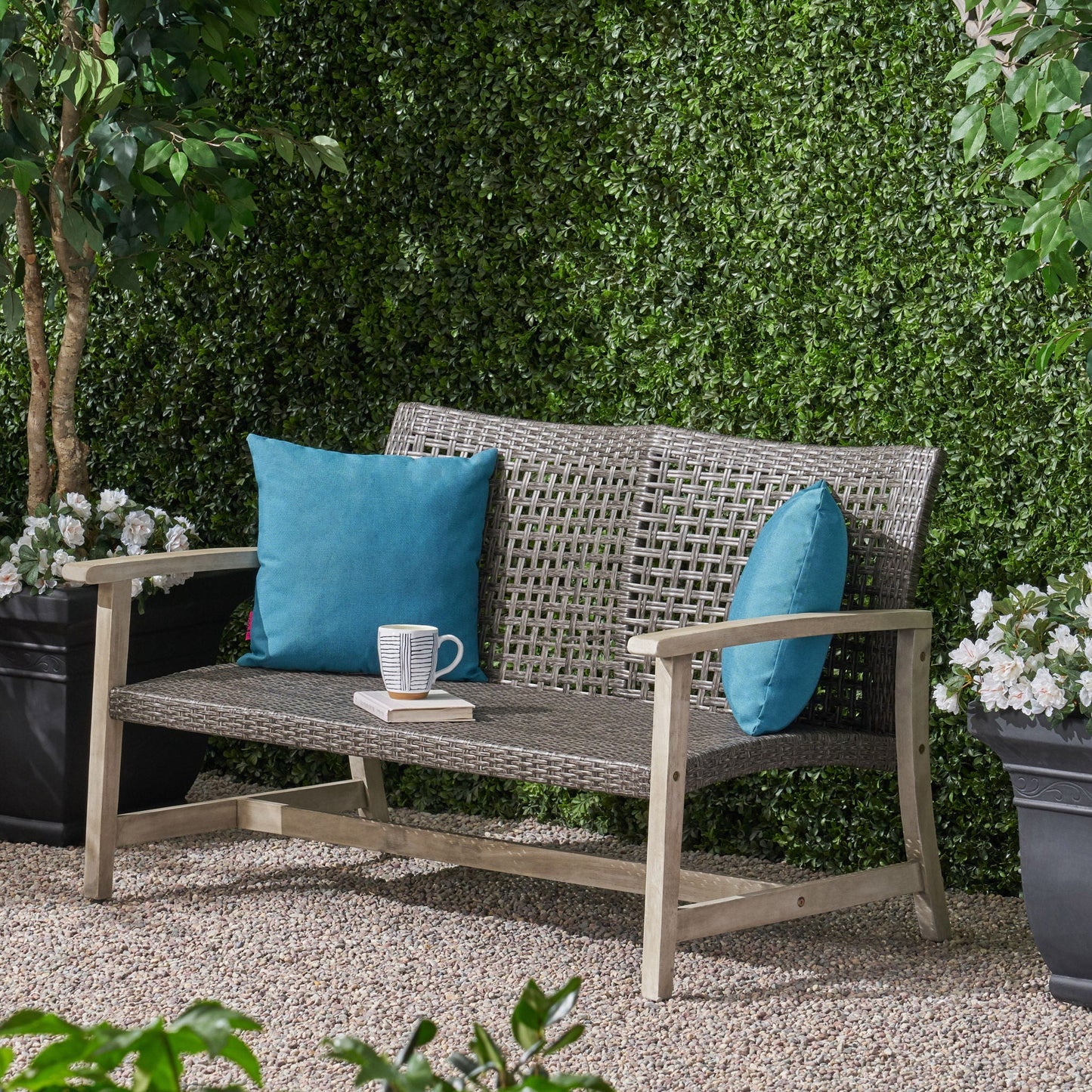 Hampton Outdoor Wood and Wicker Loveseat Gray