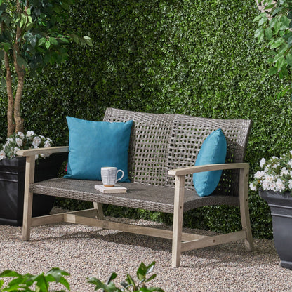 Hampton Outdoor Wood and Wicker Loveseat Gray