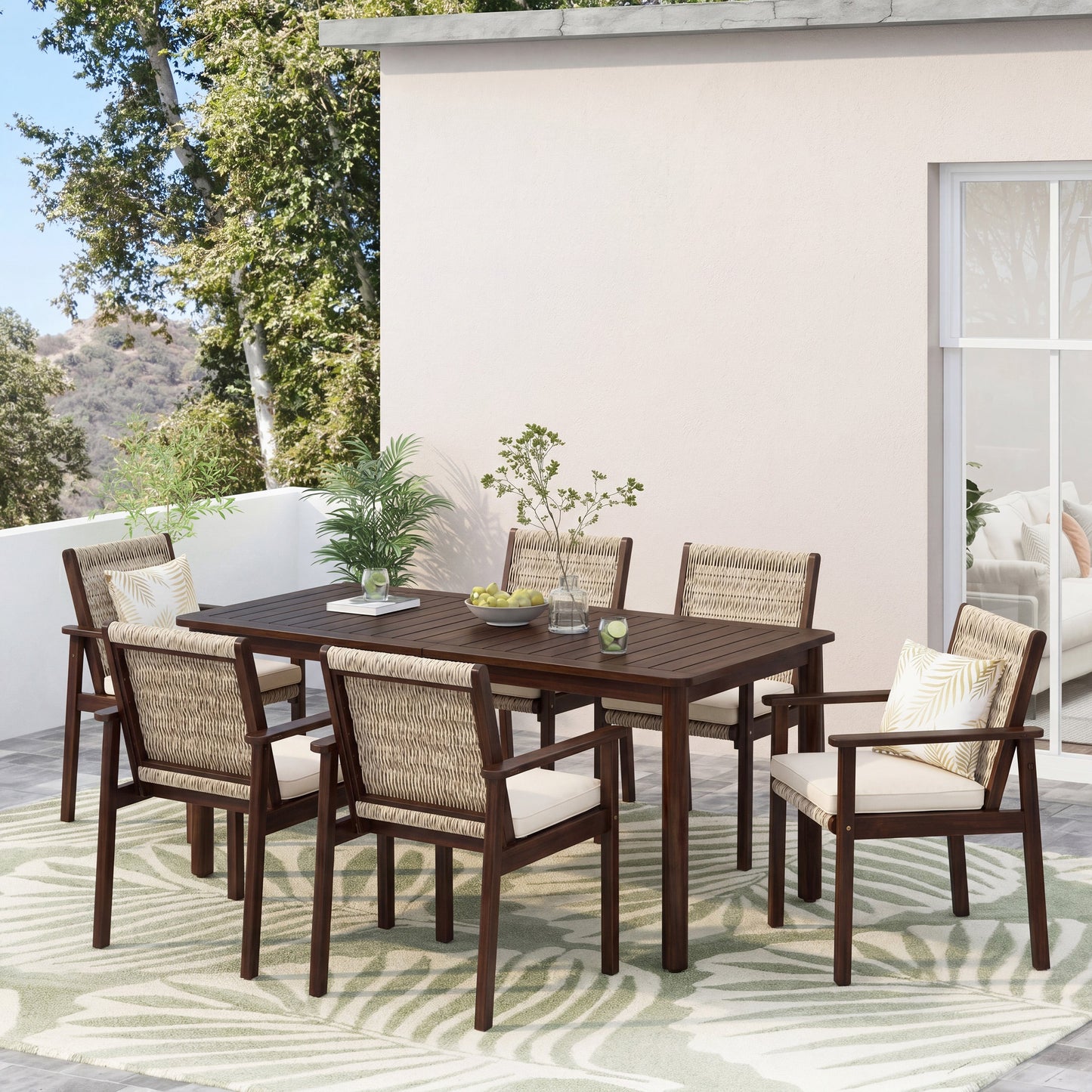7 Piece Outdoor Acacia Wood Dining Set With Cushions on dark wood table and woven-back chairs on Tampa Home & Garden Store