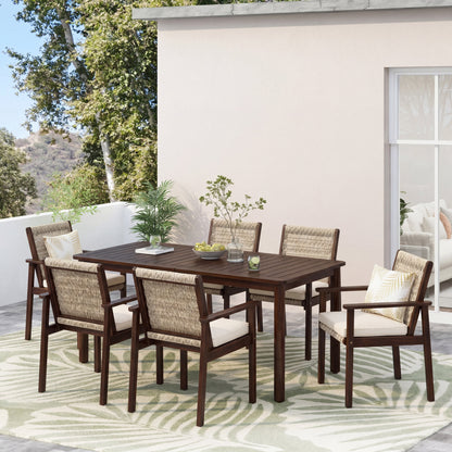 7 Piece Outdoor Acacia Wood Dining Set With Cushions on dark wood table and woven-back chairs on Tampa Home & Garden Store
