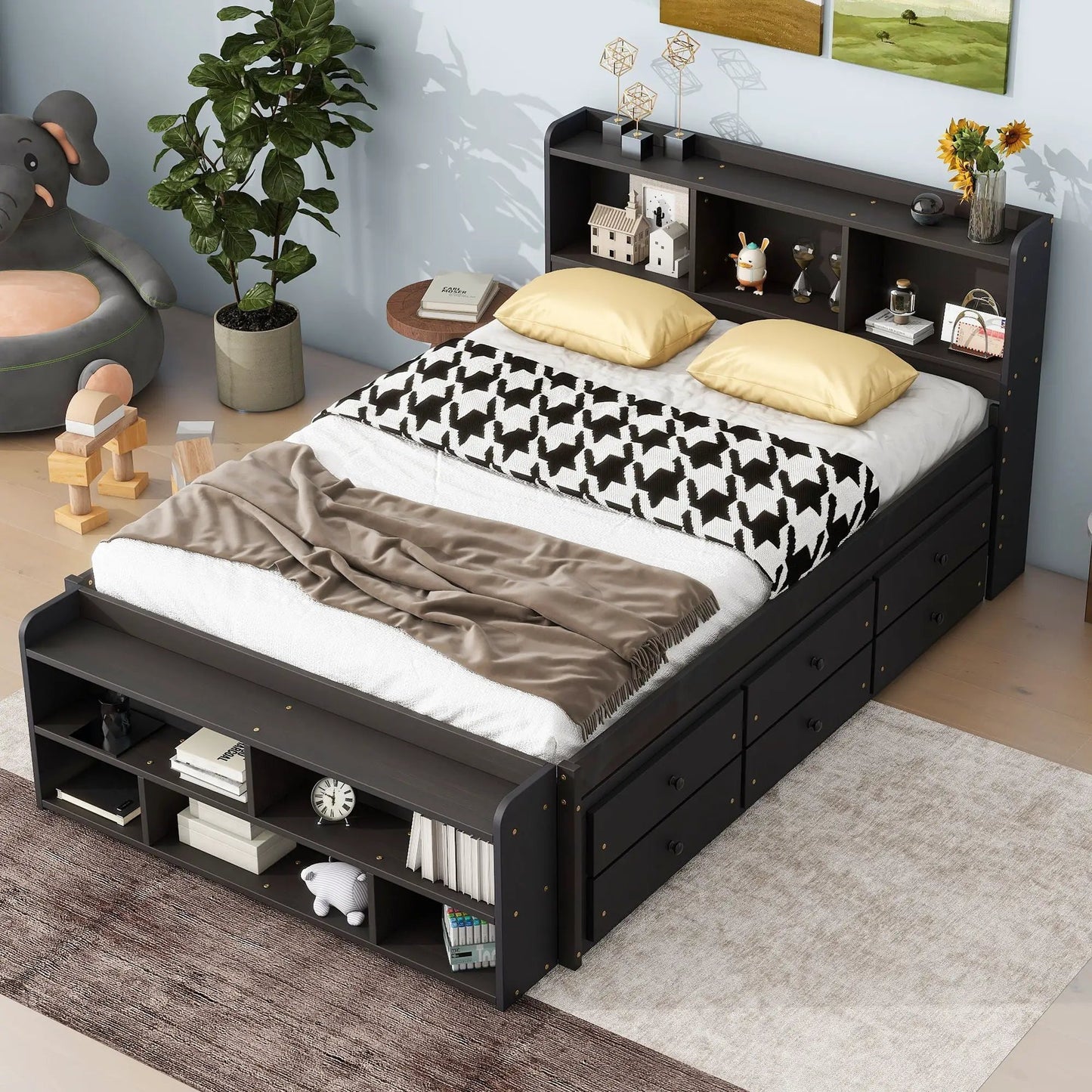 Bed With Bookcase Headboard and Under Bed Storage