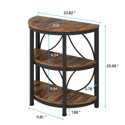 3 Tier Half Moon End Table in deep rustic brown wood top, black metal frame with curved supports on Tampa Home & Garden Store