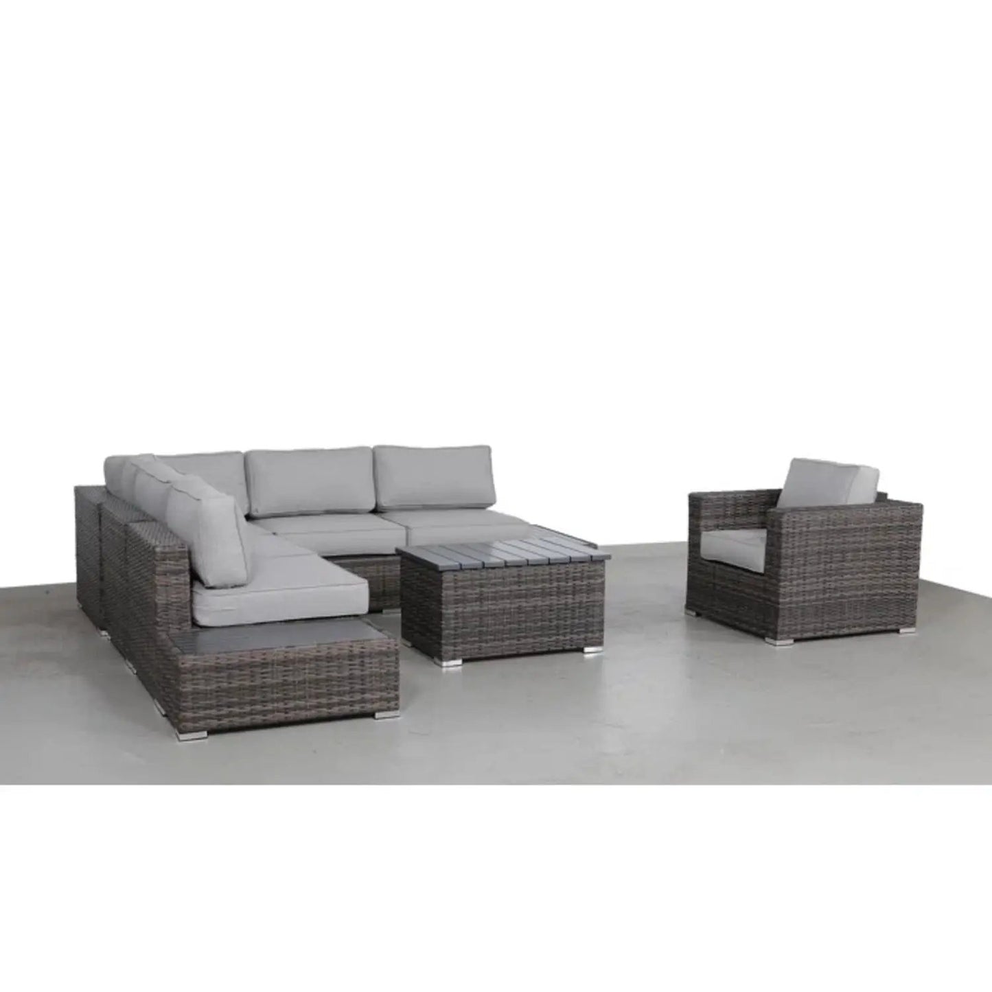 Stylish Outdoor Sectional Set in brown wicker with gray cushions; 3pc set with sofa, chair, table on Tampa Home & Garden Store