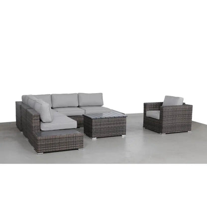 Stylish Outdoor Sectional Set in brown wicker with gray cushions; 3pc set with sofa, chair, table on Tampa Home & Garden Store