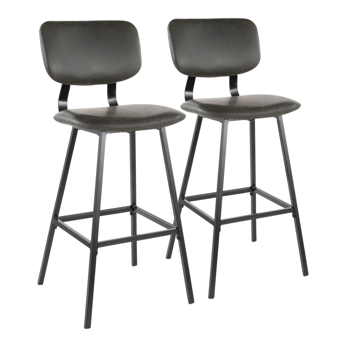 Contemporary barstool pair with zigzag stitching, black gray faux leather seats, metal legs on Tampa Home & Garden Store
