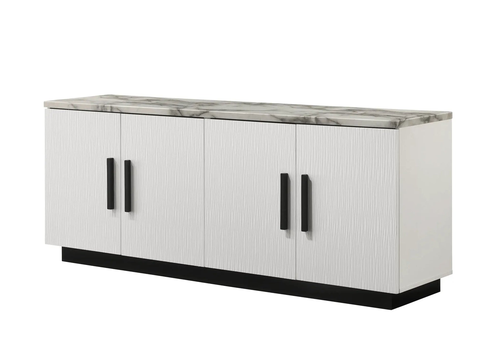 Matilda cabinet console table with white faux marble top, white textured doors, black handles on Tampa Home & Garden Store