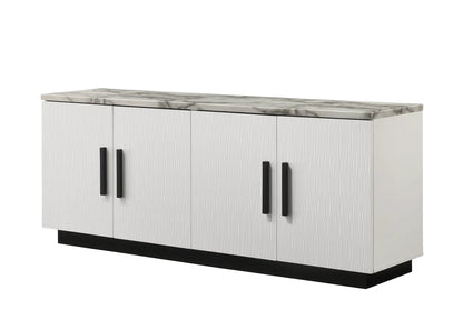 Matilda cabinet console table with white faux marble top, white textured doors, black handles on Tampa Home & Garden Store