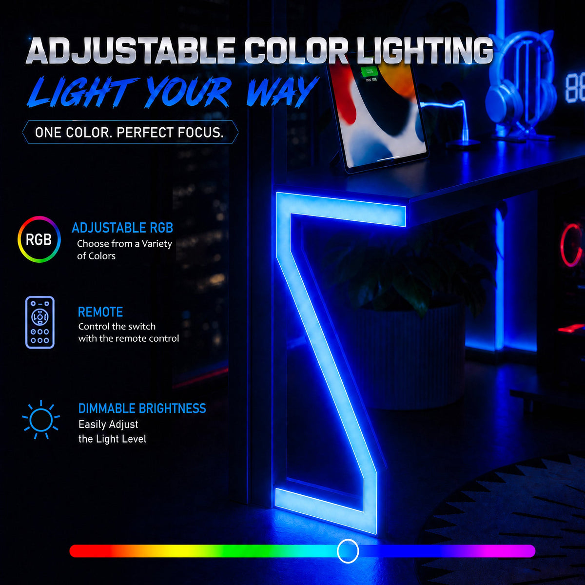 Full Loft Bed with L-shaped Desk and USB Ports by HouseOfZazla in showroom with blue LED lights on Tampa Home & Garden Store