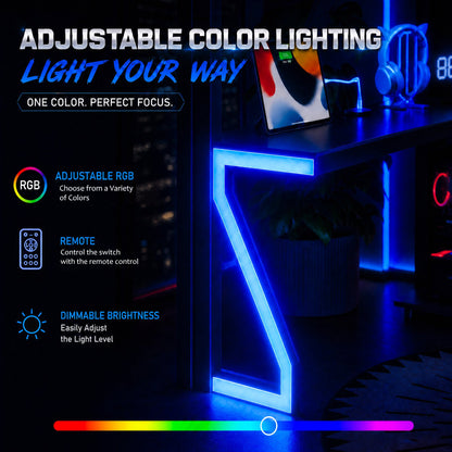 Full Loft Bed with L-shaped Desk and USB Ports by HouseOfZazla in showroom with blue LED lights on Tampa Home & Garden Store