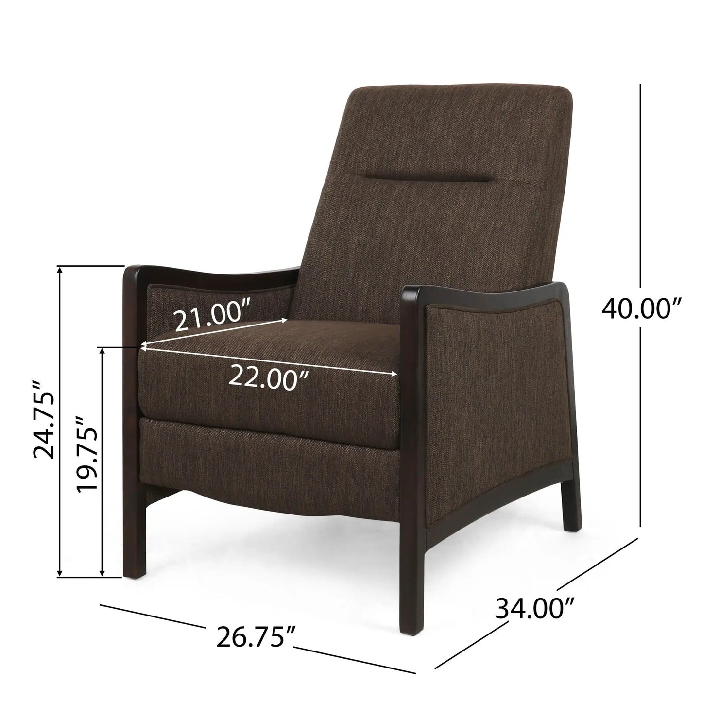 Drury fabric pushback recliner in brown with dark wood arms by Unique Piece Furniture on Tampa Home & Garden Store