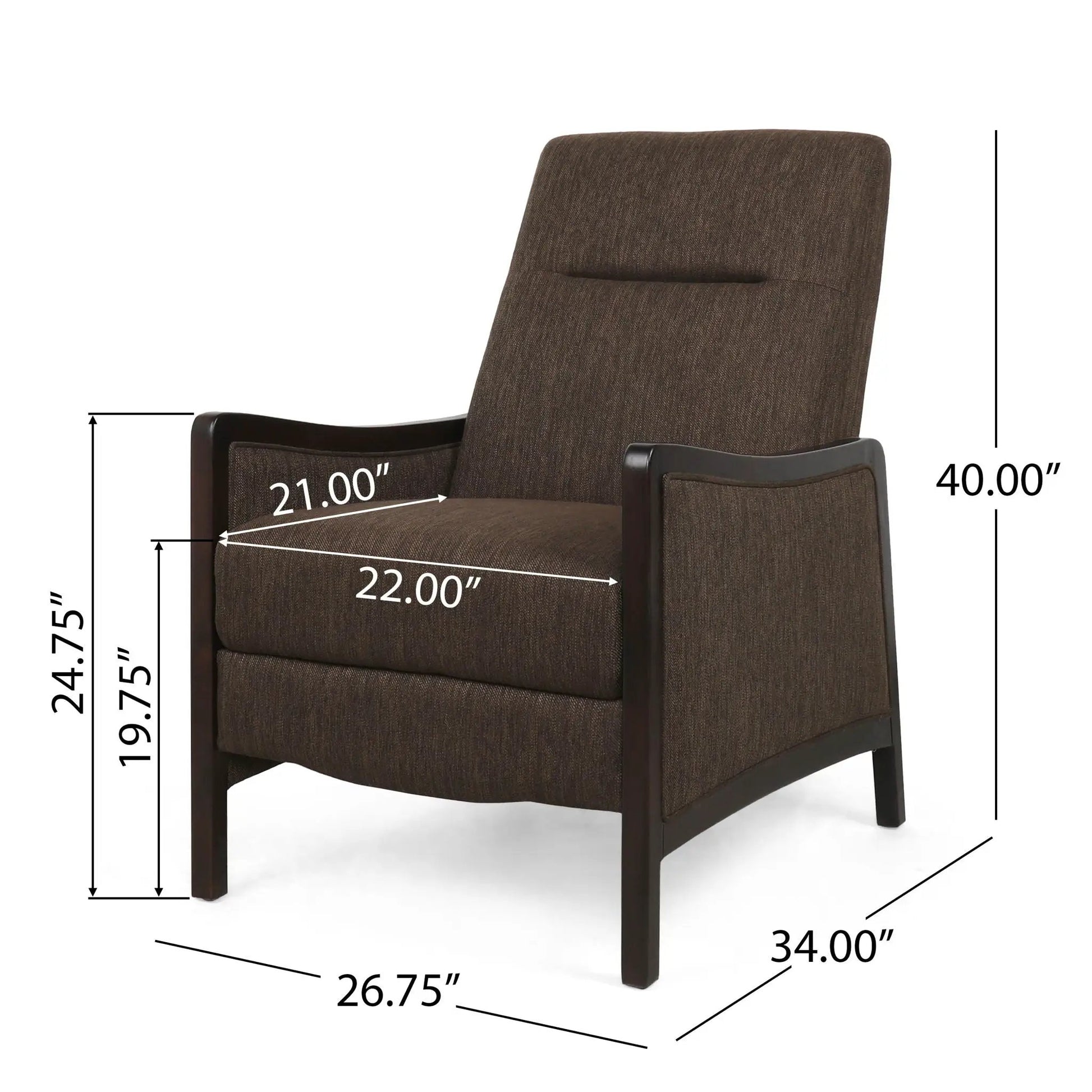 Drury fabric pushback recliner in brown with dark wood arms by Unique Piece Furniture on Tampa Home & Garden Store