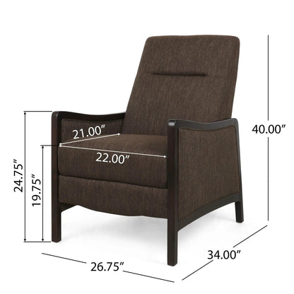 Drury fabric pushback recliner in brown with dark wood arms by Unique Piece Furniture on Tampa Home & Garden Store