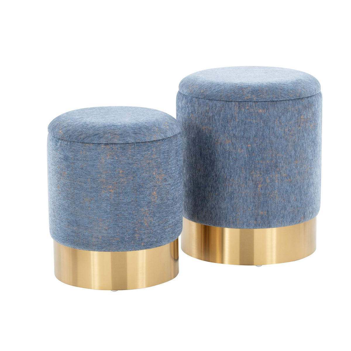 Contemporary Nesting Ottoman Set, blue fabric tops with brass bases, 2 pcs HouseOfZazla on Tampa Home & Garden Store