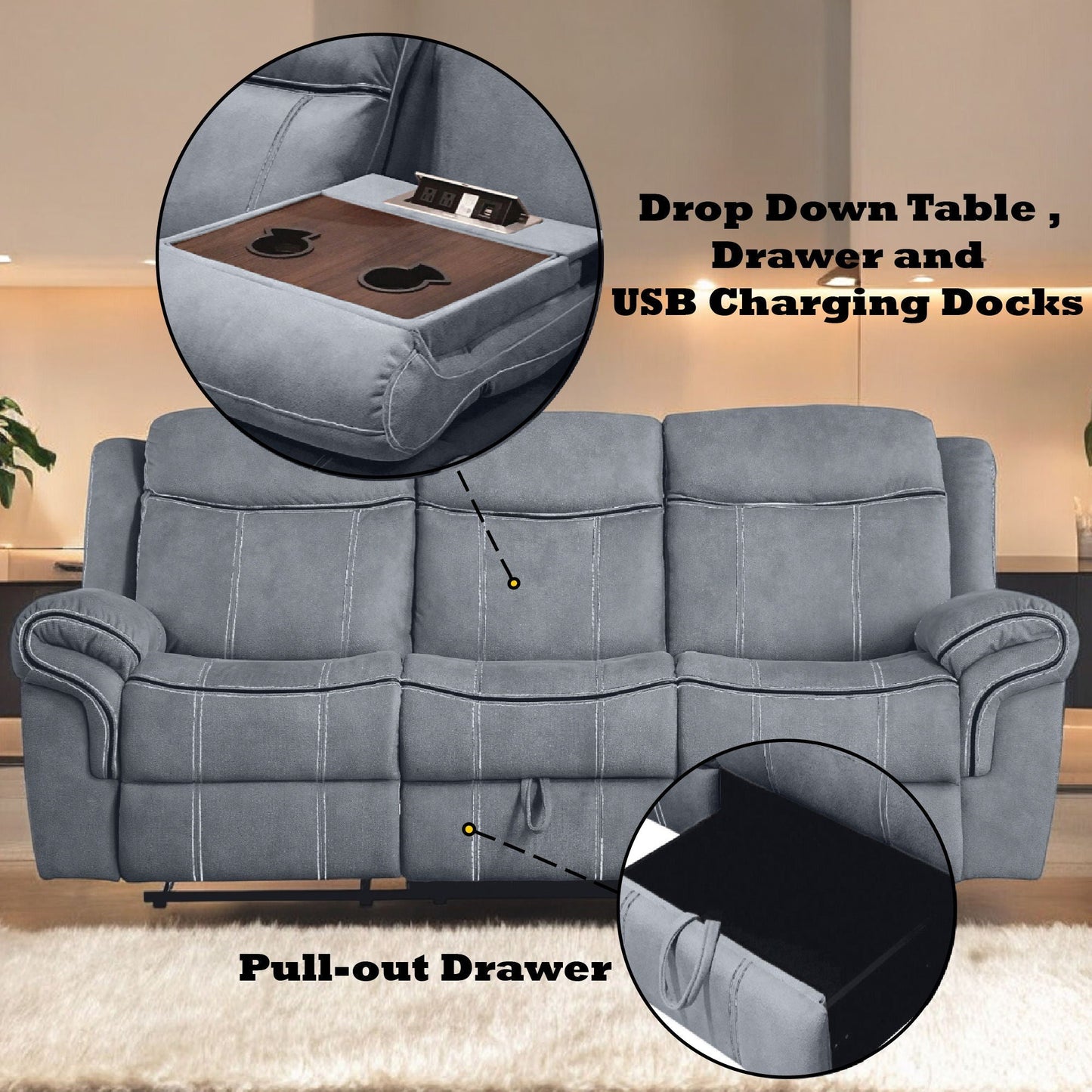Zubaida Two Tone Recliner Sofa with USB port and drop-down table by HouseOfZazla on Tampa Home & Garden Store