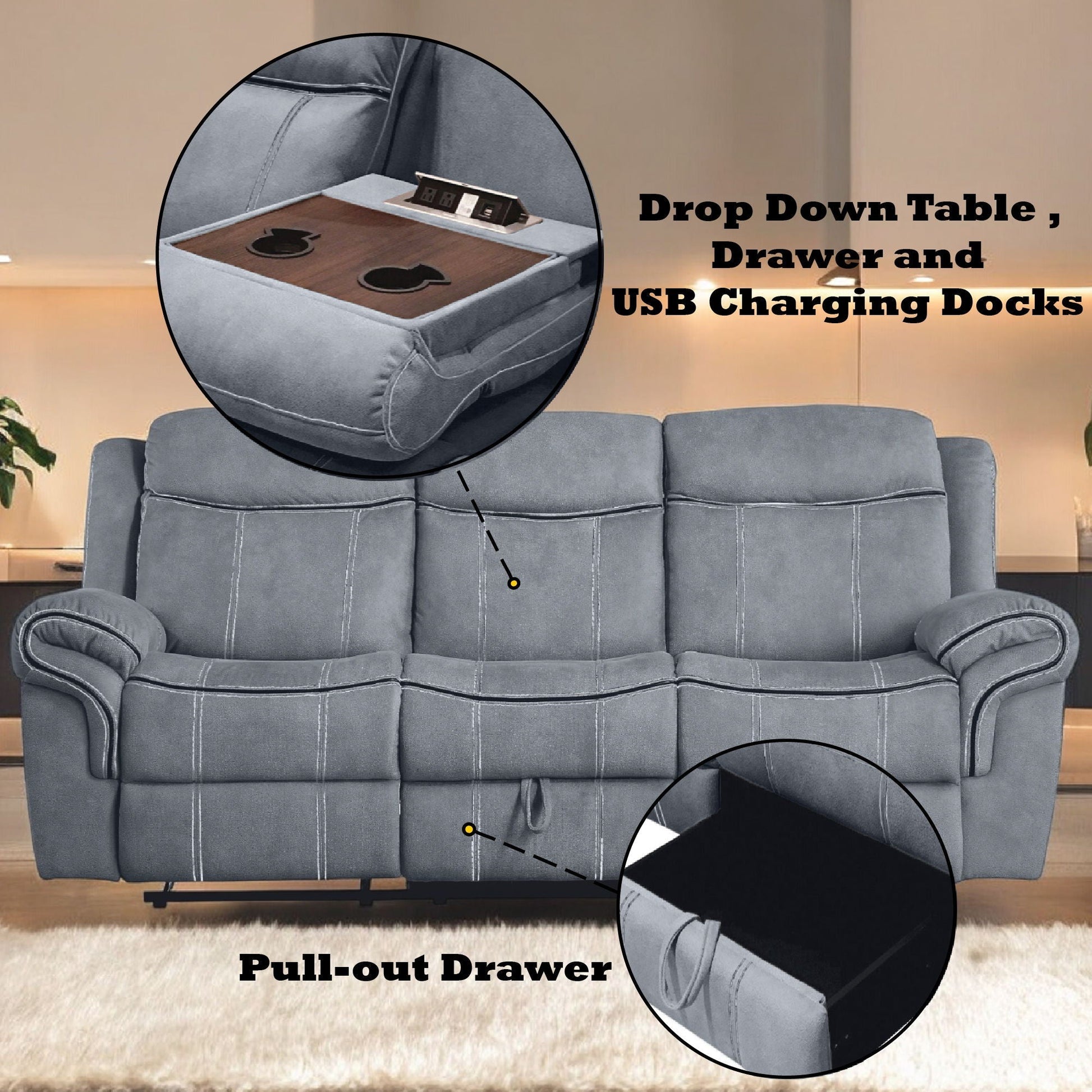Zubaida Two Tone Recliner Sofa with USB port and drop-down table by HouseOfZazla on Tampa Home & Garden Store