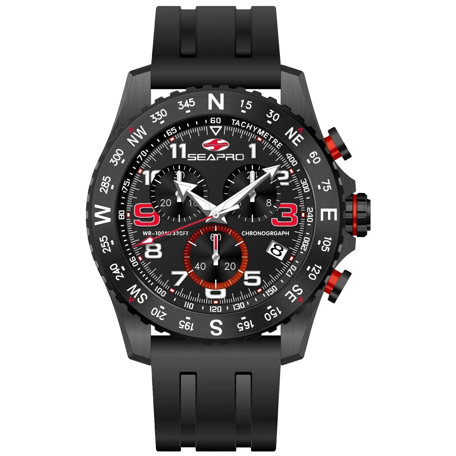 Seapro Men's Gallantry watch with black chronograph dial, red accents, black strap on Tampa Home & Garden Store