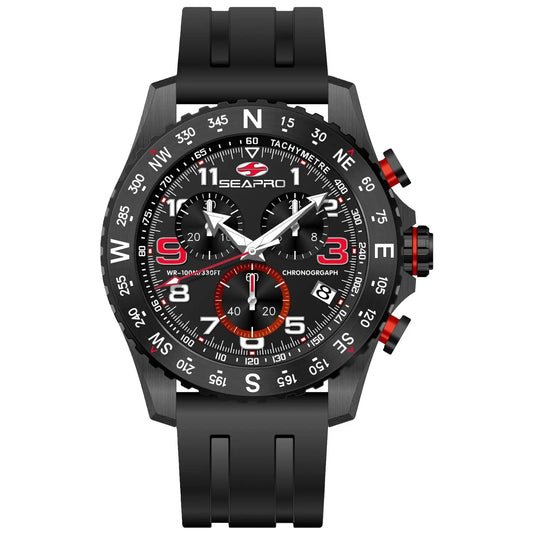 Seapro Men's Gallantry watch with black chronograph dial, red accents, black strap on Tampa Home & Garden Store