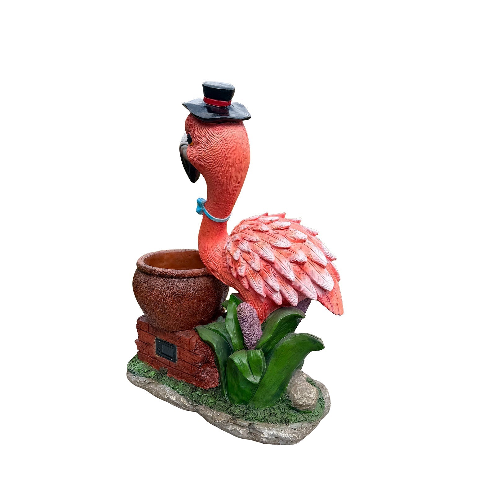 Flamingo garden sculpture flower pot planter pink with black hat and blue necklace on Tampa Home & Garden Store