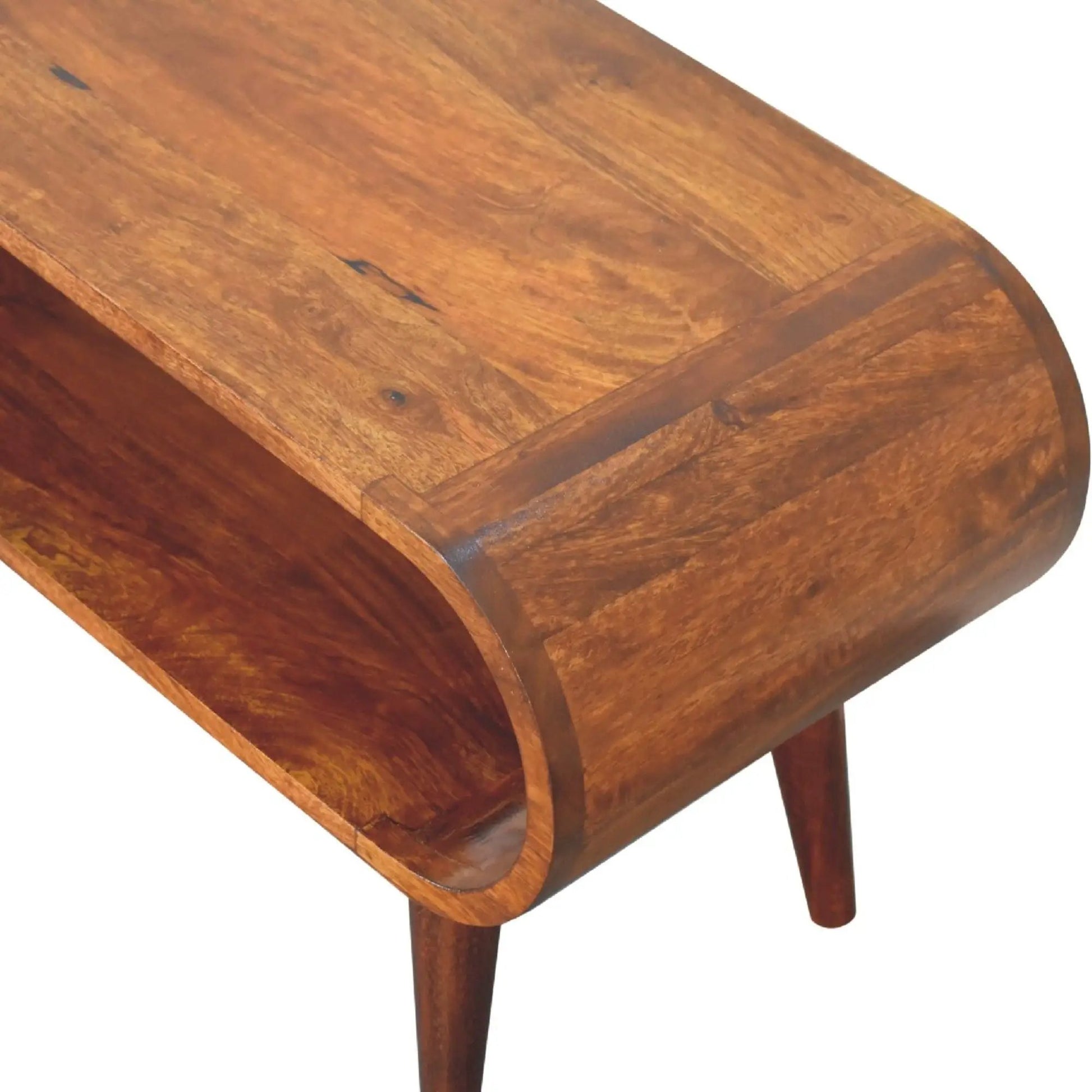 Amaya Nordic Style Wooden Coffee Table with warm brown finish, round edge and tapered legs on Tampa Home & Garden Store